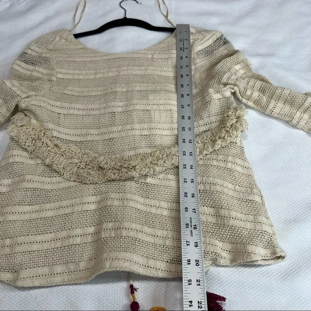 Zara Cream Crochet‎ Boho Fringed Tassel Tie V Neck Blouse